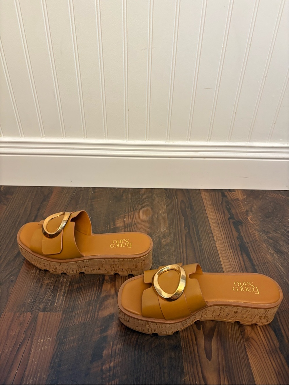Franco Sarto Cognac Slide Sandals with Gold Oval Accent - Picture 3 of 8